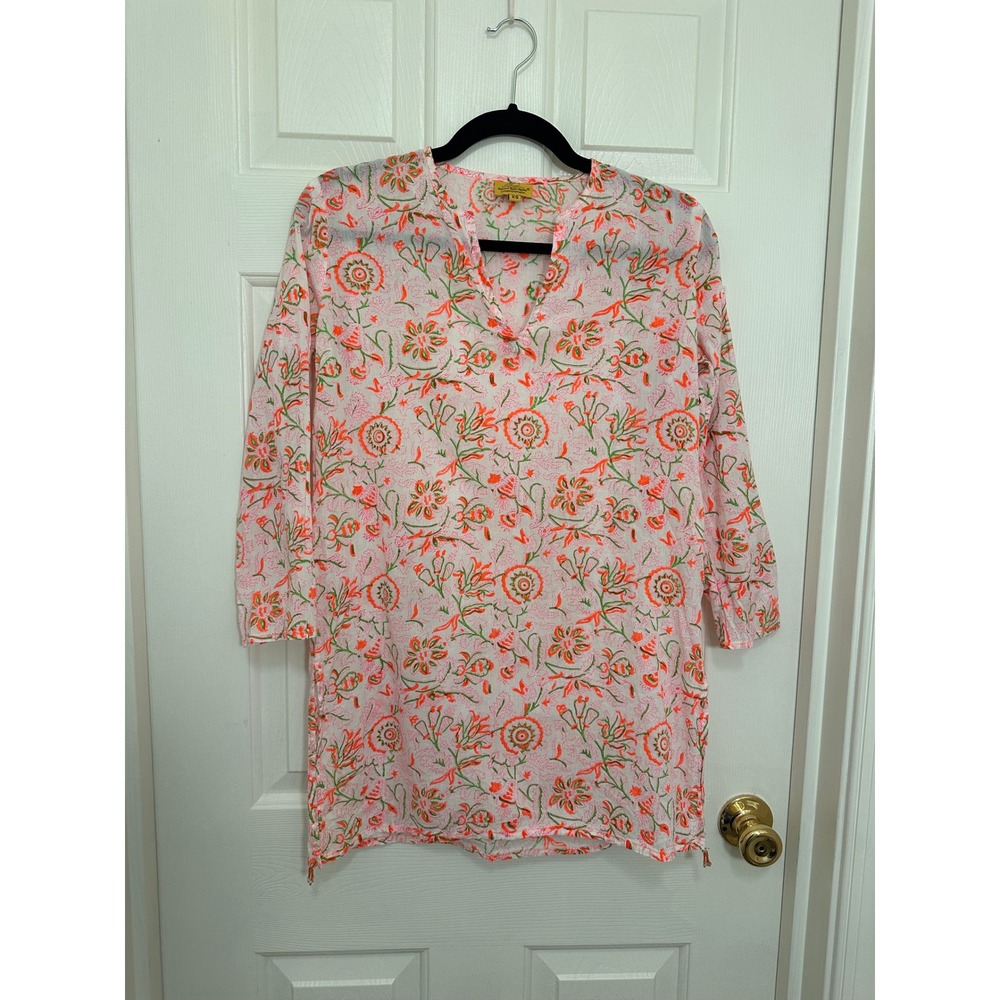 Roberta Roller Rabbit Cotton Tunic Top Floral Block Print Pink‎ Orange XS